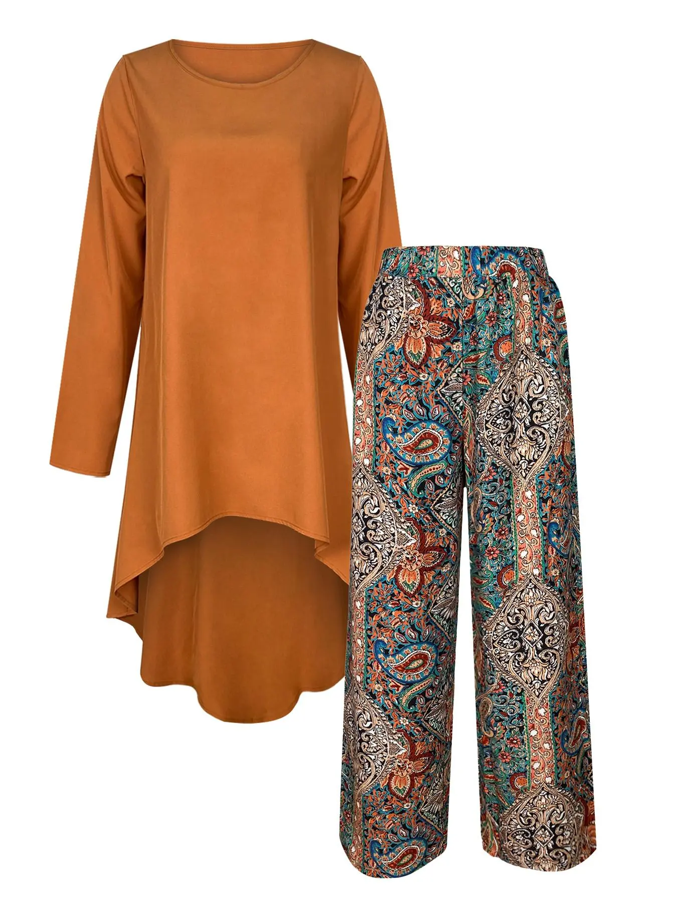 Women's Ethnic Pattern Asymmetrical Hem Top & Elastic Waist Pants Two-piece Set, Casual Long Sleeve Round Neck Top & Wide Leg Trousers for Spring & Fall, Women's Clothes for Vacation Holiday