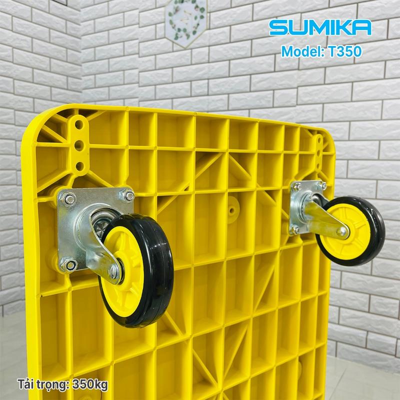 Xe đẩy hàng sàn nhựa PP SUMIKA T350, tải trọng 350kg, màu vàng, bánh xe nhựa PU đàn hồi 8