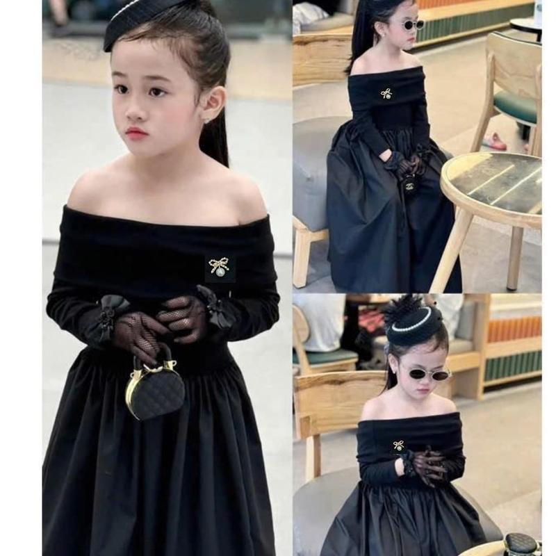  Váy Trễ Vai Đen Thu Đông Xinh Xắn Cho Bé Gái 10-20kg 