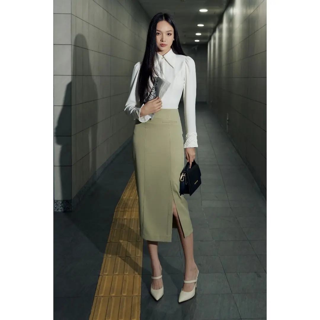Vella Fashion set áo sơ mi tay dài nẹp giấu nút phối chân váy bút chì xẻ trước VA25001 VV25002
