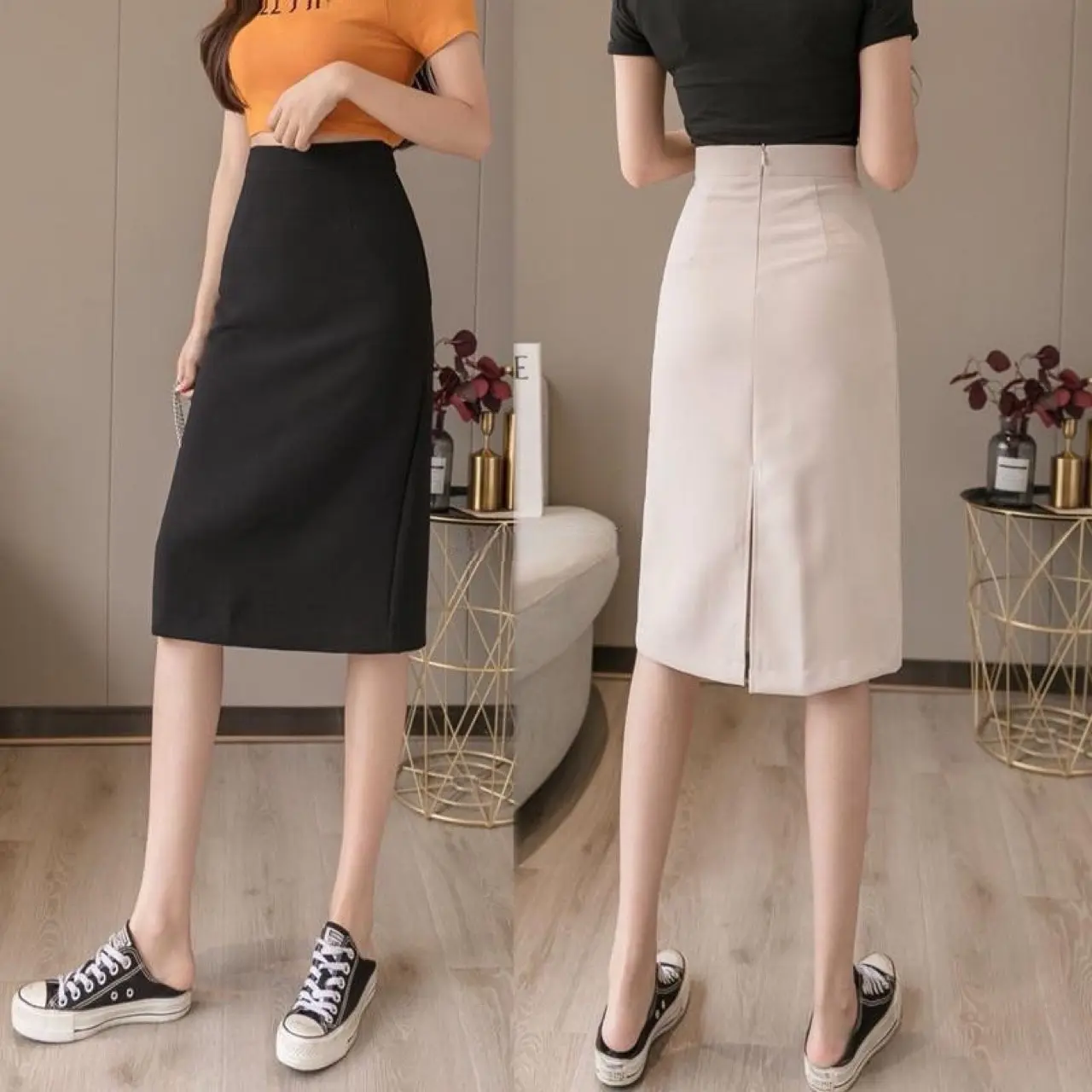 Chân váy công sở midi lửng ngang gối xoè nhẹ chữ A  xẻ tà sau nhẹ nhàng có bigsize