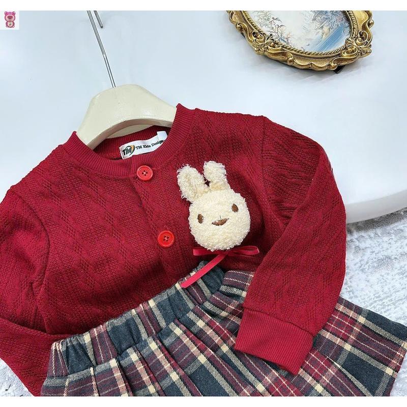 [MinMinKid] (10-30kg) Set áo len dệt tay dài phối chân váy kaki thô kẻ kèm mặt thỏ bông xinh xắn cho bé gái 6