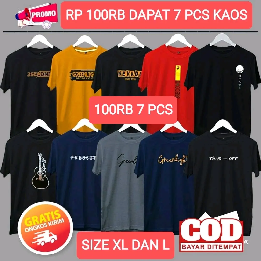 KAOS 100RB 7 PCS Distro Fit Lokal Motif Sablon Soft Pria Lembut Baju Hitam