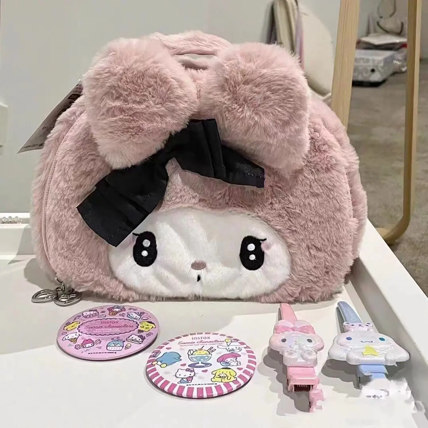 Singin'in the Rain Sanrio กระเป๋าเครื่องสำอาง, สไตล์ญี่ปุ่น, ตุ๊กตาน่ารัก Clow M Melody, ดูดี, ความจุมาก, กระเป๋าเก็บของ, 2024