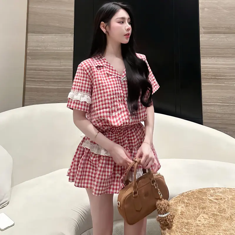 Set váy babydoll đũi caro phối ren trắng kèm chân váy bèo tiểu thư  - Set bộ đồ nữ  kẻ caro mix chân váy 3