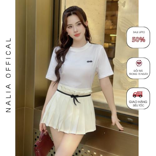 (2) NALIA  CHUCHU - Set áo cộc tay thêu nơ kèm chân váy xếp ly dáng ngắn có quần bảo hộ, set bộ đồ nữ mùa hè Women Top