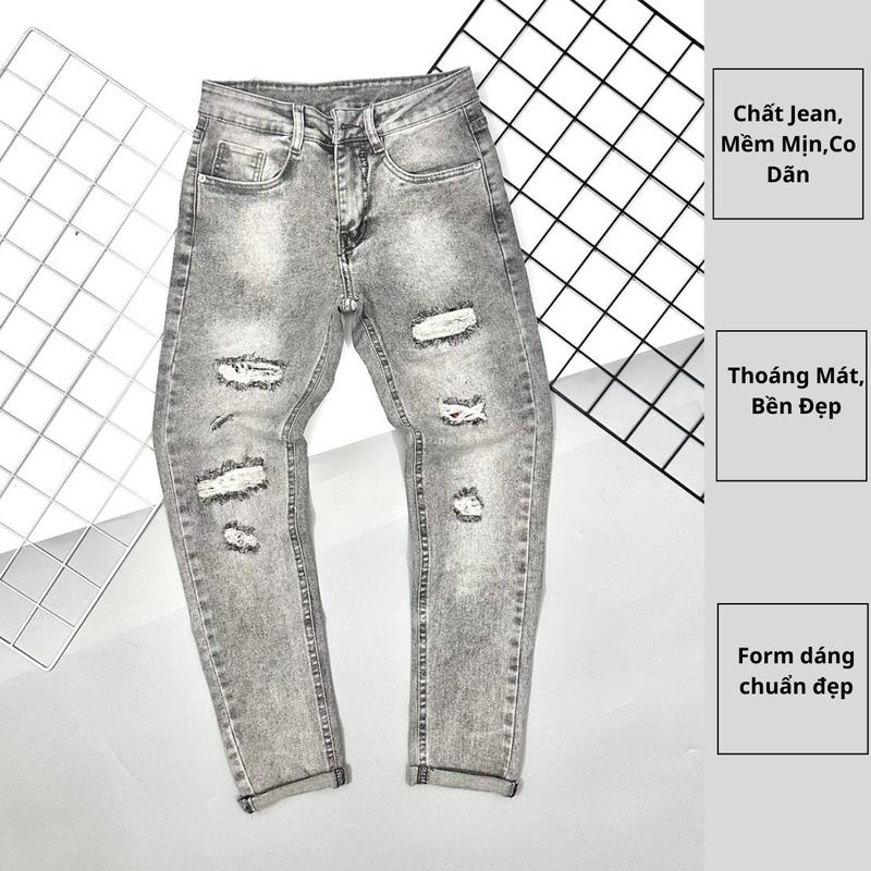 Quần Jean Nam Màu Xám Trằng, Họa Tiết Rách Có Lót Vải, Chất Jean Co Dãn, Thoáng Khí 63 2