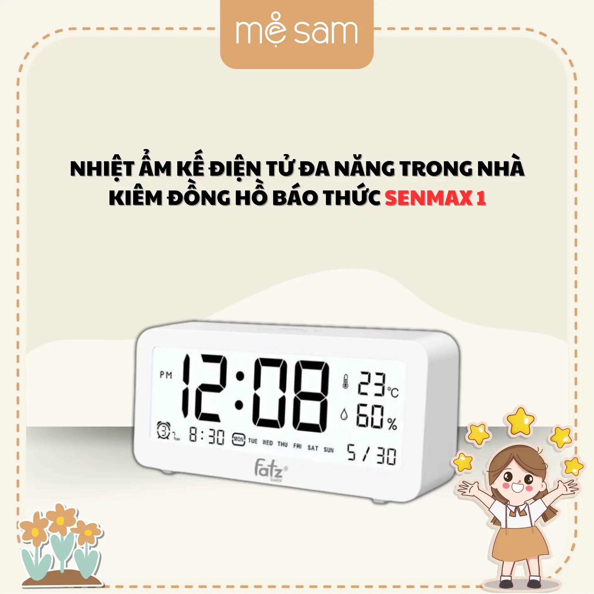 Nhiệt ẩm kế điện tử đa năng trong nhà kiêm đồng hồ báo thức cho bé Fatzbaby Senmax 1 – FB8826WS