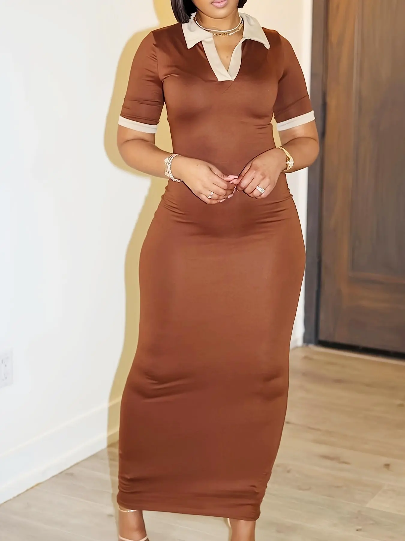 Women's Colorblock Polo Neck Dress, Casual Short Sleeve Long Dress for Summer, Women's Clothing for Daily Wear