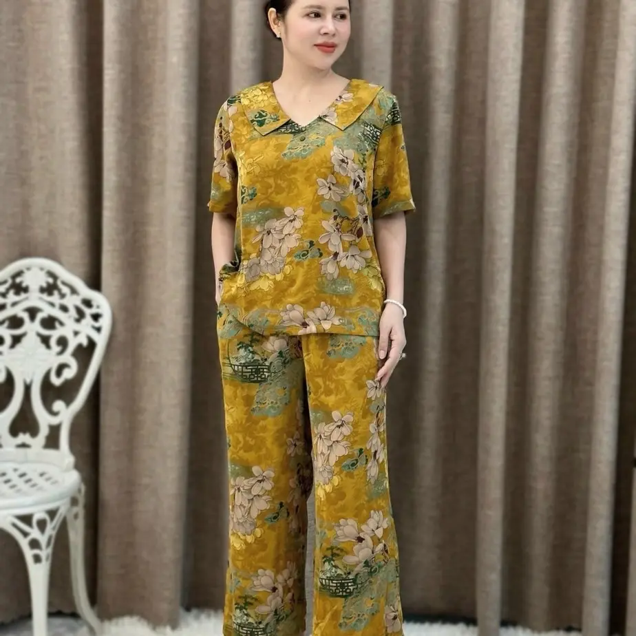 MS03  Đồ bộ nữ cho mẹ, đồ bộ nữ mặc nhà áo có cổ NÚT VẢI quần 9 Tấc vải Lụa mềm, mịn, mát dành tặng mẹ, tặng bà