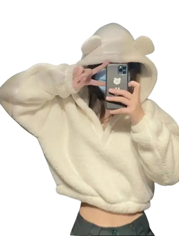 Sweater Hoodie Crope V Bear Sherpa Bulu Domba Fit Wanita Tebal Oversize Cream 0