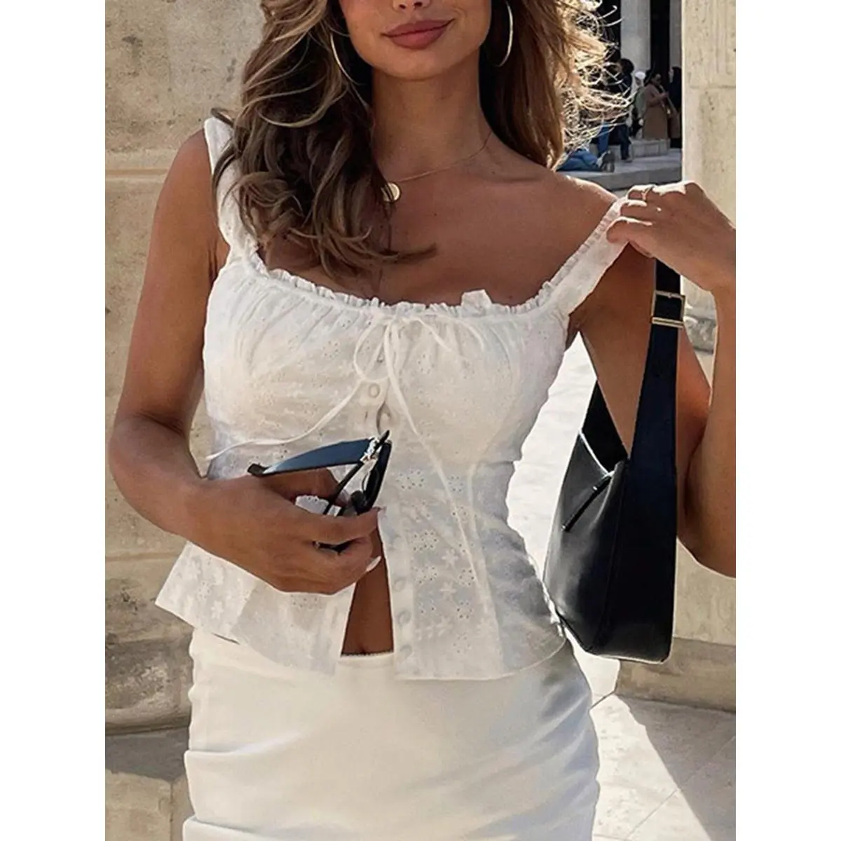 Women Button Tank Tops Ruffle Trim Eyelet Cutout Crop Tops Summer Sleeveless Basic Vest Aesthetic Clothes for Streetwear
