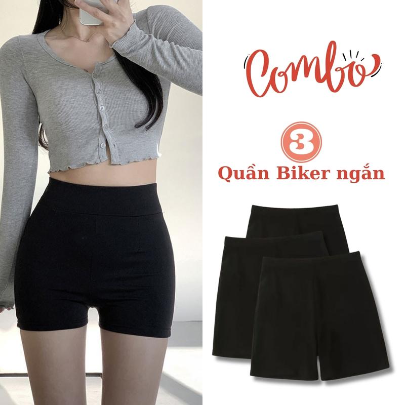 Combo 3 Quần Đùi Nữ Cạp Cao Chất Thun Co Giãn Ôm Body Quần Short Thể Thao Tập Yoga Thể Dục Tập Gym Đạp Xe Quần Legging Đùi Nữ Women Pants không túi