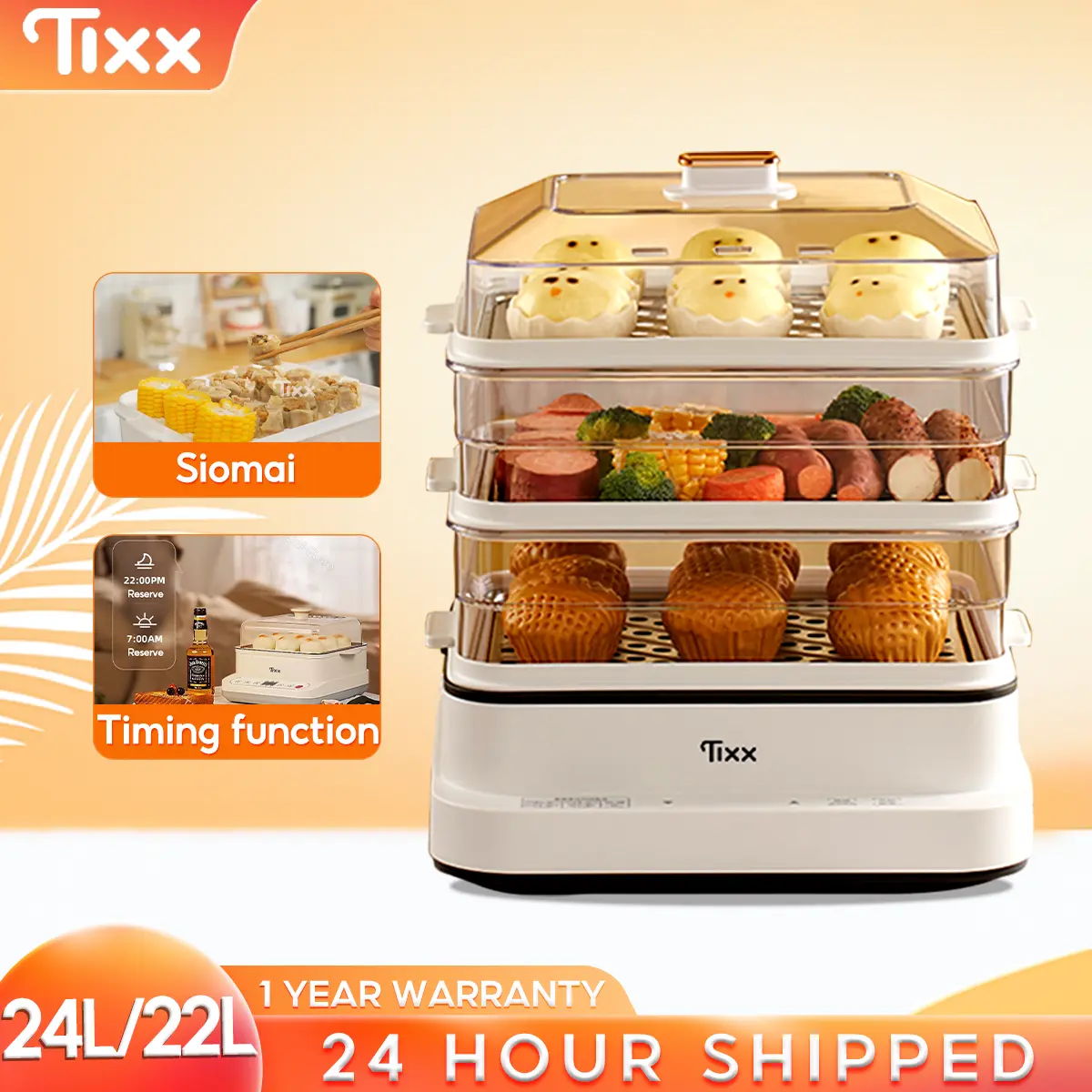 Tixx 3-Layer Electric Food Steamer 24L /22L Three -layer steamer Household&Business Smart Timer Multifunctional Electric Cooker Large Capacity Egg Boiler With Stainless&Plastic Tray For Siomai Siumai