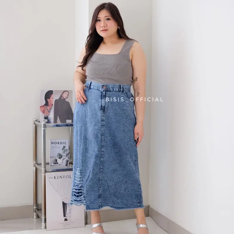 Rok span jeans size 4-6XL varian belah dan sobek pinggang karet - rok body sexy plus varian baru Wanita Panjang 2