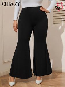 CURVZY Plus Size Solid Flare Leg Pants, Casual Comfy Bell Bottom Trousers for Daily Wear, Women's Bottoms for All Seasons