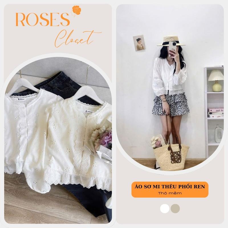 Áo sơ mi phối ren hoa, boi thô thêu hoa nổi, dáng lửng dài tay xinh yêu, áo thô đũi dài tay viền bèo bo chun hàn quốc nữ top màu trắng be Women Viền Ren