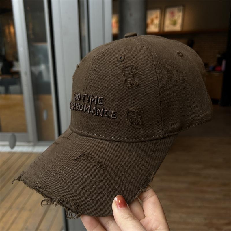 Topi Baseball Wanita Berlubang dengan Sulaman Huruf, Diperbuat daripada Kapas yang Dicuci, Berbentuk Runcing, Tampak Kecil, Bersaiz Besar, dengan Tepi yang Melebar, Topi Matahari Berbahan Lembut.