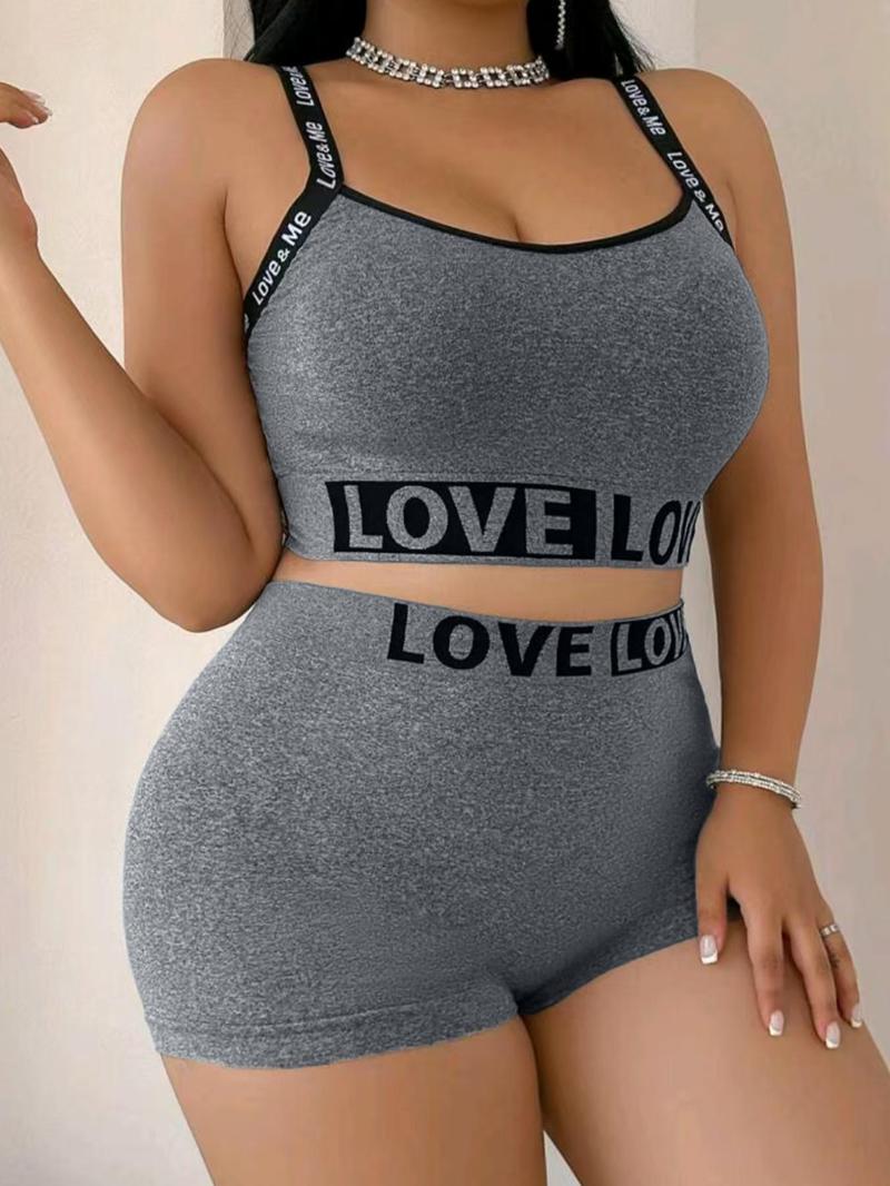 Product Introduction of 【Plus Size】 Letter Print Wireless Bra & boxer short Set, Casual Comfy Breathable Lingerie Set for Daily Wear, Women's Underwear Set for All Seasons 3