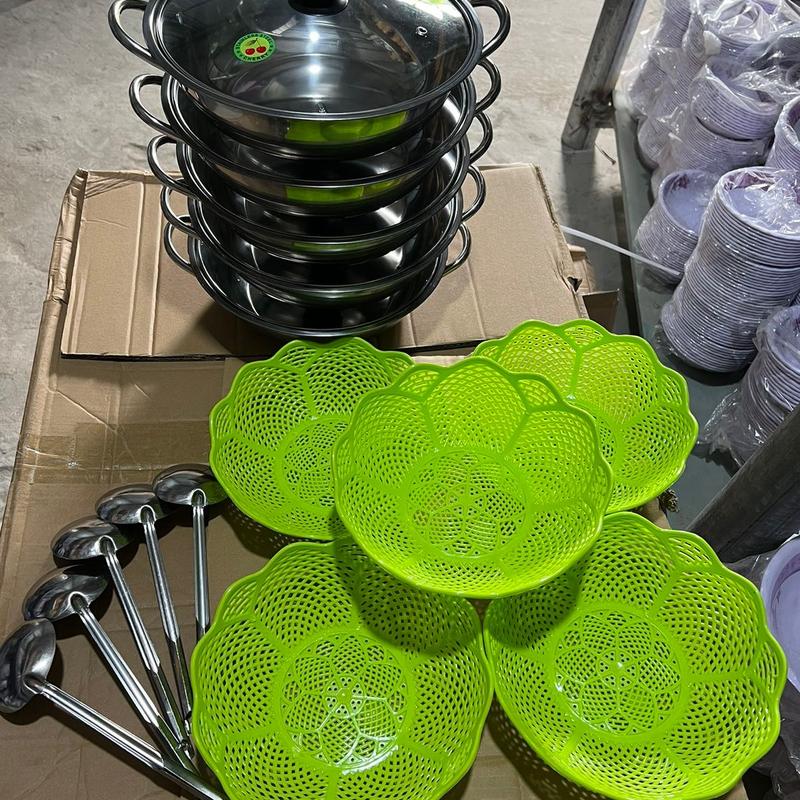 Combo tiết kiệm 5 nồi  lẩu inox + 5 vá múc lẩu inox  +5 rổ đựng rau lẩu (nồi lẩu có nắp kính và nắp inox )