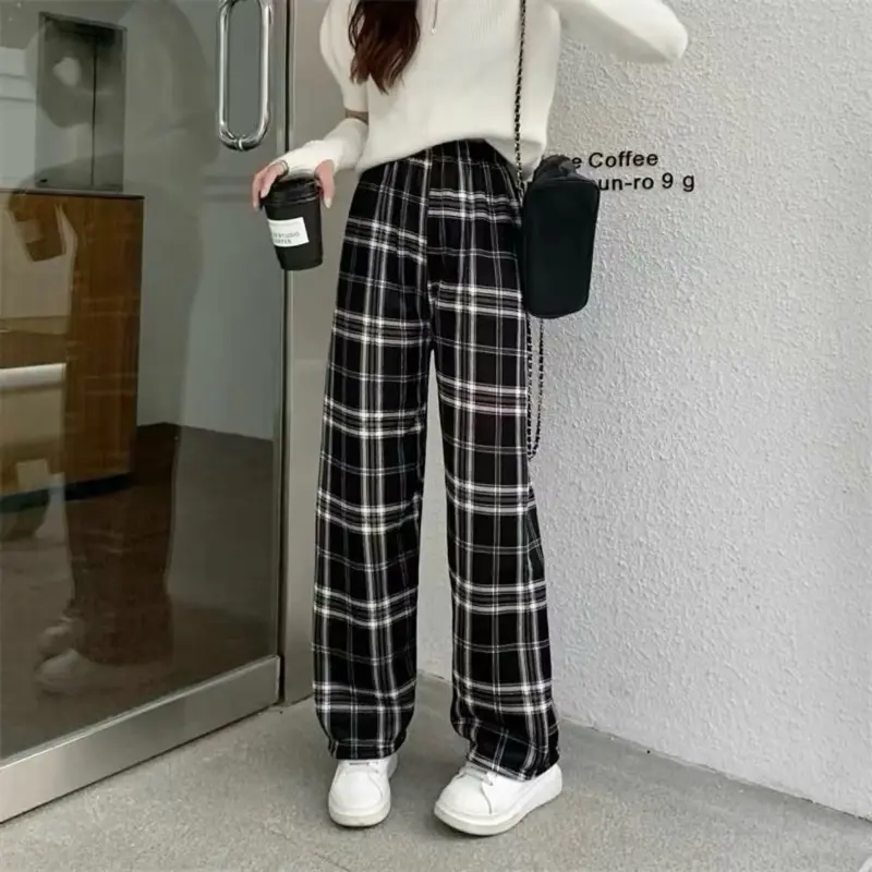 [QL16A][New trending Summer] Quần kẻ ống rộng, Quần hè nữ kẻ caro ống suông lưng cao đơn giản