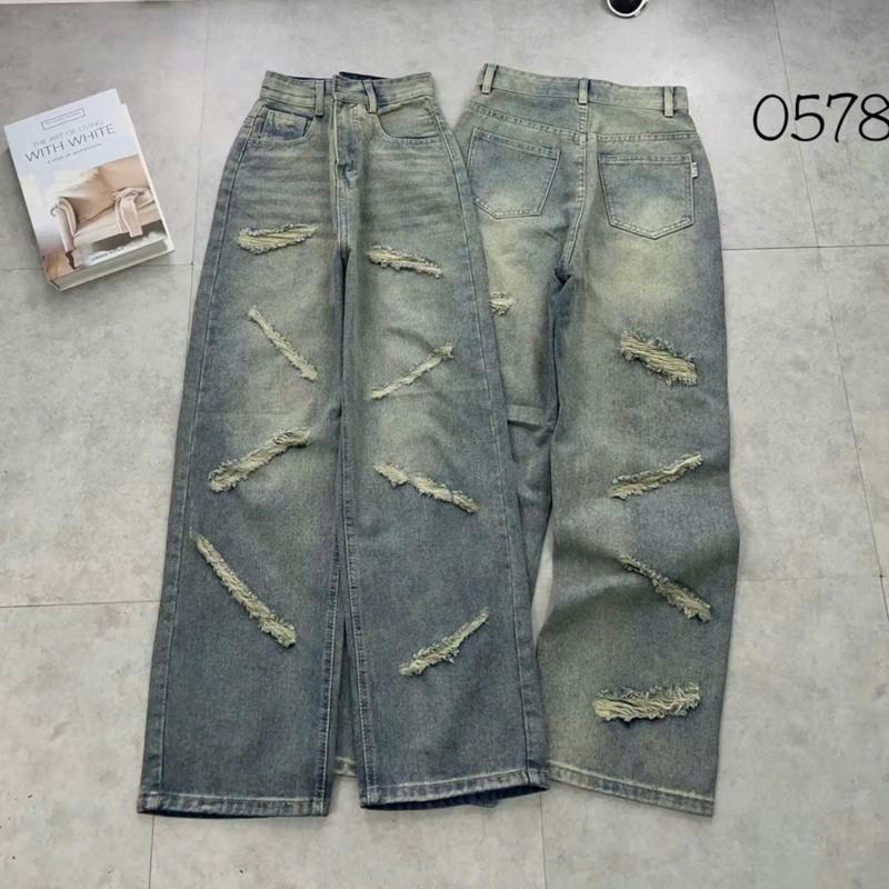 Quần baggy Jean nữ ống rộng lưng cao Wash rách tua tua trước sau - Quần jean nữ ống suông rách kiểu màu xanh bụi nhẹ chất jean mềm TH0578