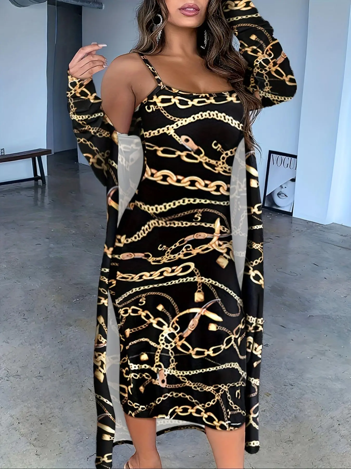 Women's Chain Print Cami Dress & Long Sleeve Open Front Outwear Two-piece Set, Casual Fashion Cozy Dress & Outerwear for Daily Outdoor Wear, Women's Clothing for Spring Fall