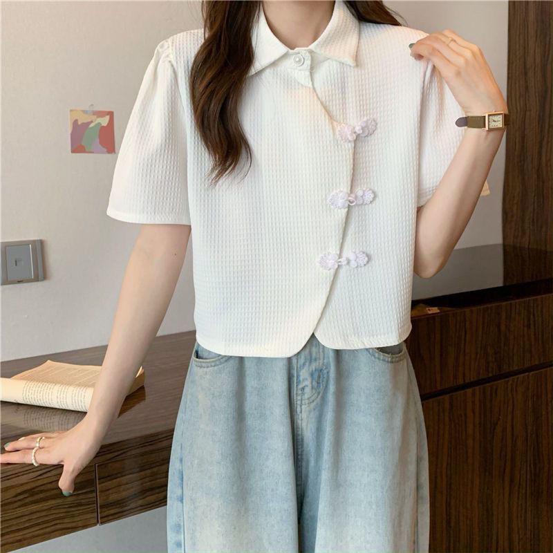 Product Introduction of Cheongsam Button Polo Collar Short-Sleeved Shirt Women's Summer 2025 New Design Sense Niche High-Grade Short Shirt Fashion Top Womenswear Blouse Lingerie Casual Comfort Basic Collared Minimalist 10