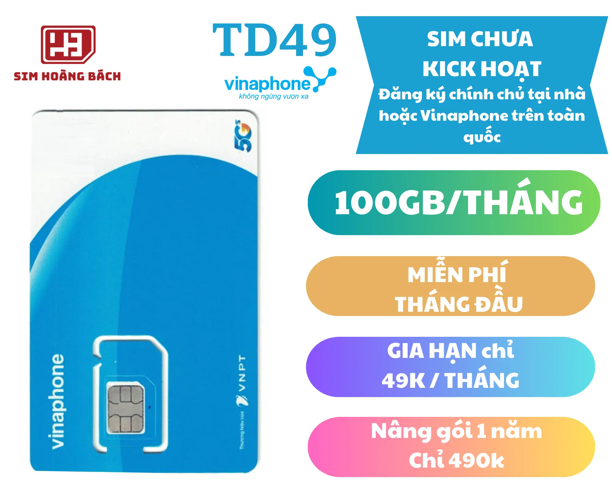 Sim 5G VINAPHONE gói TD49 100GB/THÁNG - MIỄN PHÍ 1 THÁNG ĐĂNG KÝ CHÍNH CHỦ sim vinaphone sim  100gb