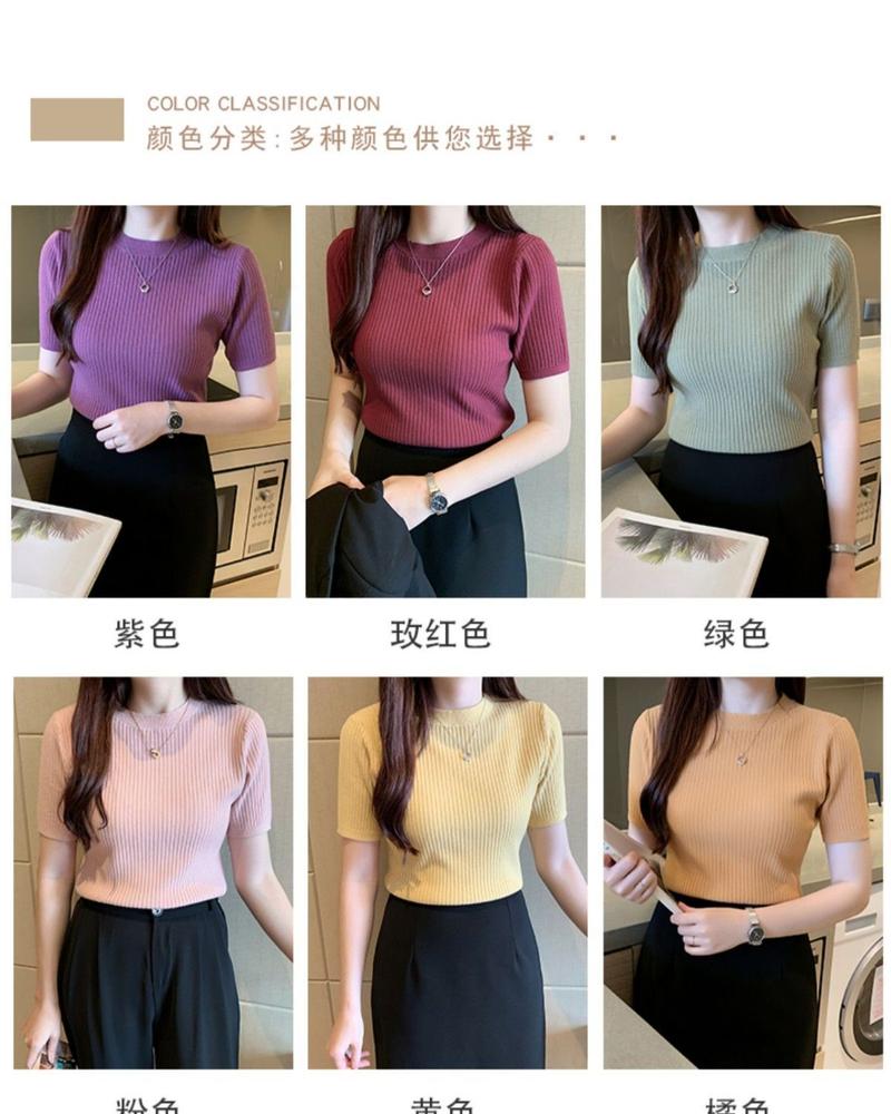 Product Introduction of Áo Dệt Kim, Dáng Ôm, Áo ngắn Tay, Áo Chui Đầu Nữ, Có Thể Mặc Bên Trong, Ngắn, Hàng Mới Về Mùa Hè 2024, Áo Sơ Mi Lớp Nền Cổ Tròn 2