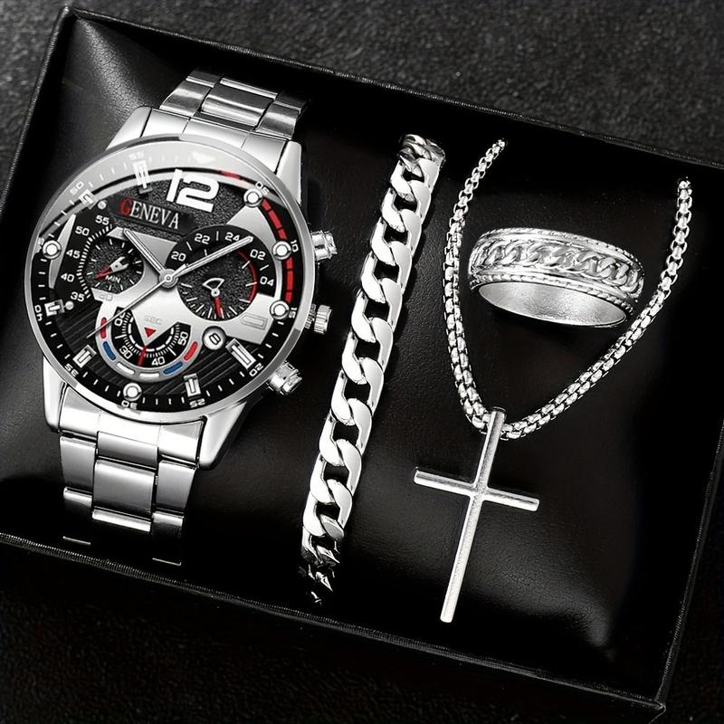 Natural Jewelry Fashion Casual Elegant Business Wristwatch + Versatile Cross Steel Band Necklace Bracelet Set Simple Fashion 8