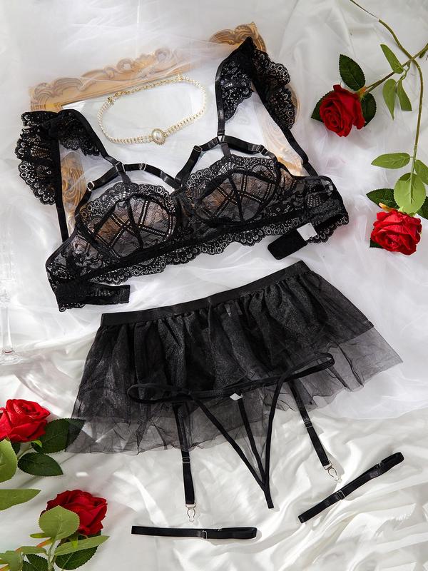 Women's 3pcs Sexy Garter Lingerie Set, Adjustable Strap Contrast Lace Ruffle Bra & Contrast Mesh Sheer Thong & Garter Belt Mesh Skirt Set, Lingerie Set for Women 0