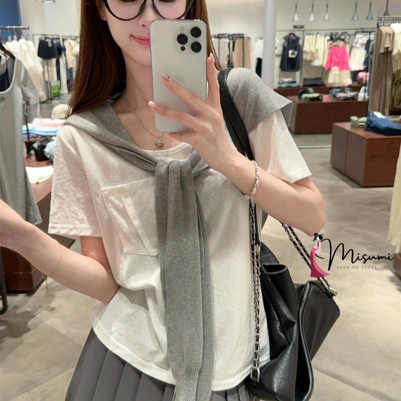 Sét váy MISUMI gồm áo thun ngắn tay, chân váy xếp ly kèm khăn choàng phong cách Hàn Quốc ngọt ngào dễ thương SET6 6