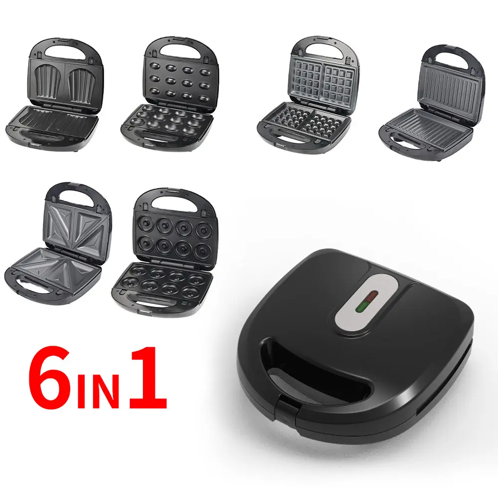6-in-1 Sandwich Machine Waffle Machine Donut Machine Electric Baking Pan Madeline Cookie Machine Multi-Function Light Food Machine Breakfast Machine Steak Frying Machine Bread Machine Replaceable Plate