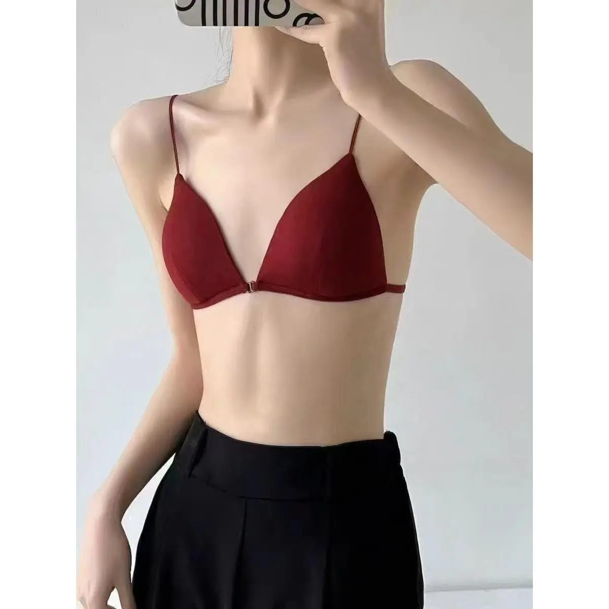 New French rimless triangle cup girl sexy underwear thin strap back front buckle bra