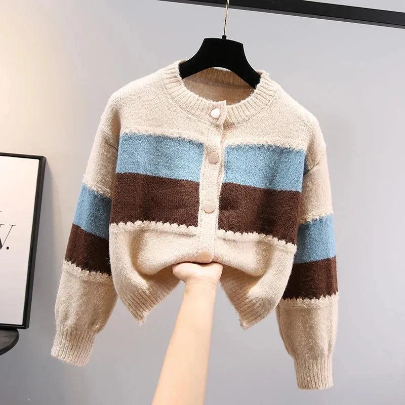 Product Introduction of Multicolor striped lantern sleeve knit loose single breasted women's cardigan sweater coat for women clothing Autumn Winter Knitwear Womenswear 3