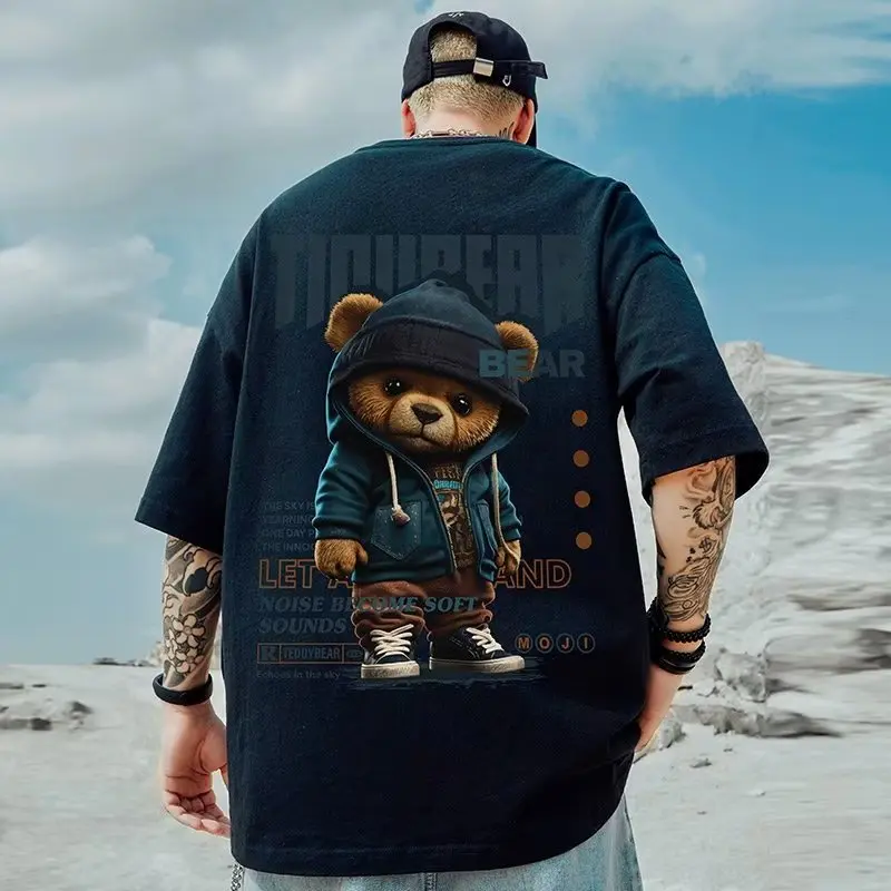 Men T Shirt Pullover Oversize Short Sleeve Plus Size Tshirt American Vintage Trendy Bear Print T-shirts Oversized Half Sleeves Youth Tees Menswear Top Lingerie Streetwear Crewneck Round Neck Casual Baggy Lengthened Lengthy Bestie Long