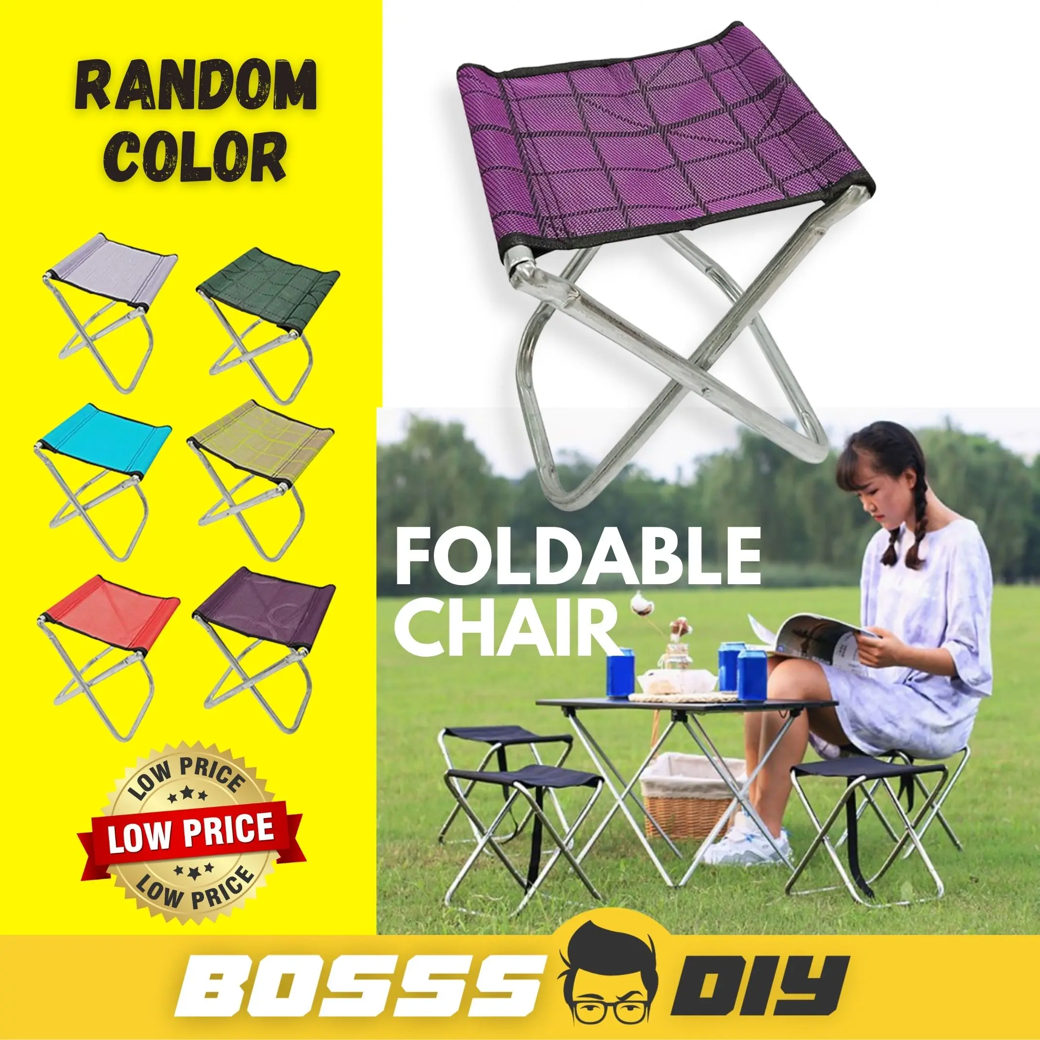 RANDOM COLOR Portable Foldable Folding Chair Outdoor Picnic Camping Lightweight Fishing Bench (2436) Kerusi Lipat Steel Aluminium