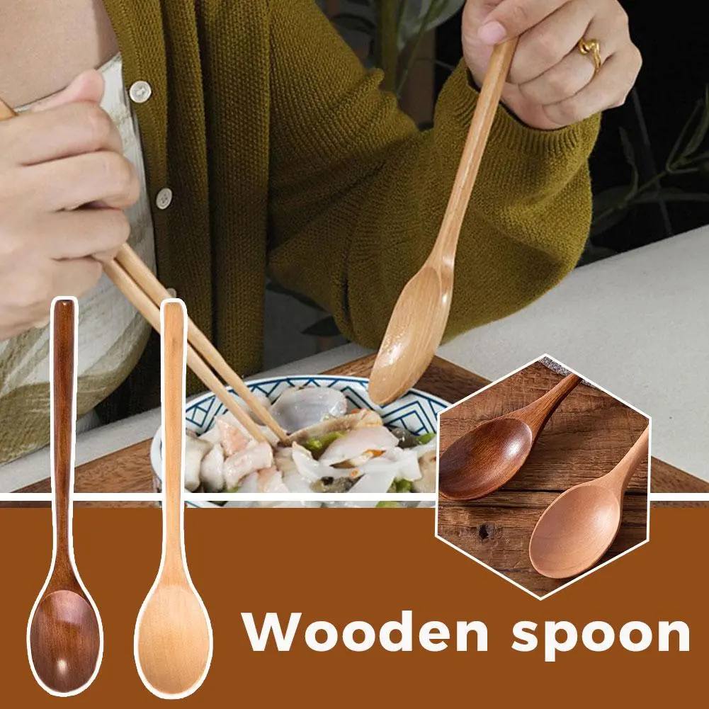 1pc Retro Household Wooden Long Handled Round Mouthed Spoon Kitchen Cooking Practical And Portable Minimally Designed Tableware