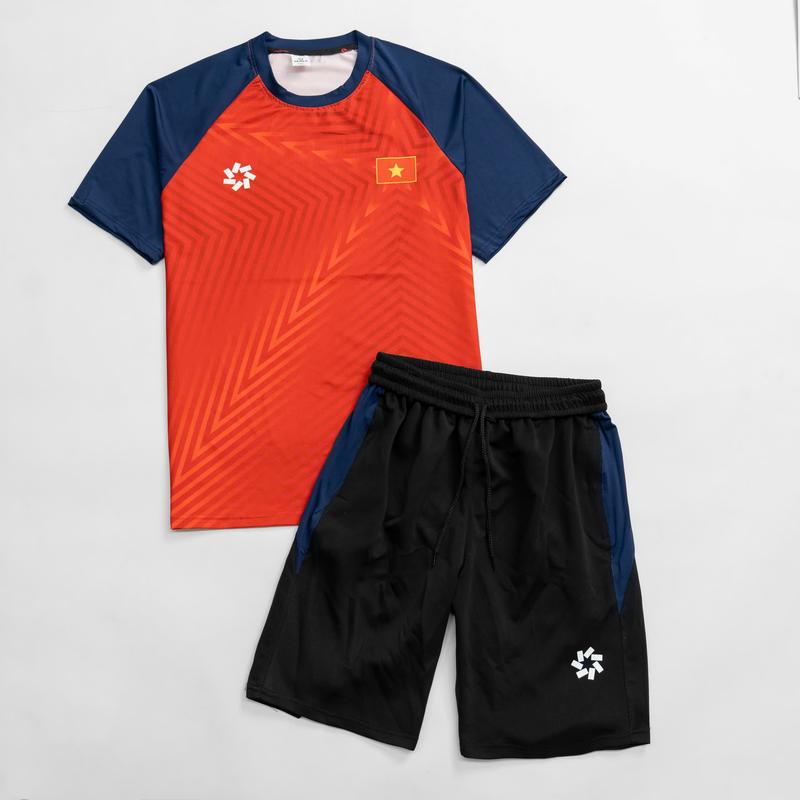 Bộ  cổ tròn thun lạnh thể thao Việt Nam mùa hè, áo cộc tay quần sooc trên gối dễ mặc , mát mẻ , phong cách trẻ trung