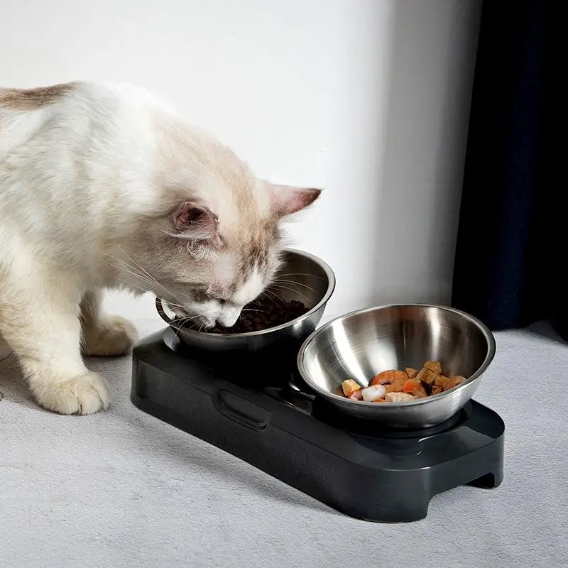 XiaoZhou-Pet Bowl with Stand Dog Cat Stainless Steel Double Bowl Food Water Feeder Neck Protection Mangkuk kucing