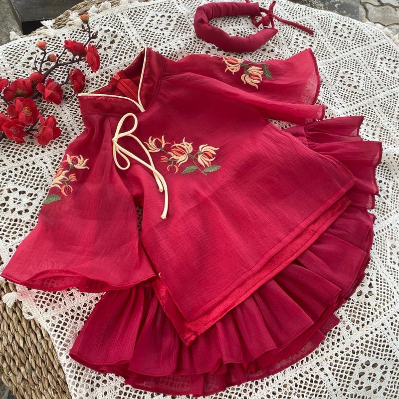 ĐỘC QUYỀN Set Áo + Chân Váy Áo Dài Thêu Hoa Thanh Cúc Kèm Chân Váy Cho Bé Gái Cho Mẹ Và Bé 4-30kg Đỏ Sen Women Kem Hoa Sen Voi Quần Ngủ