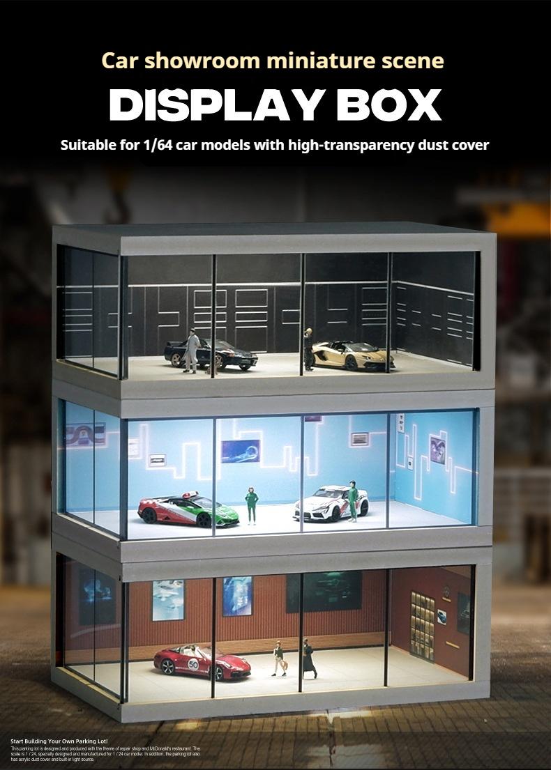 Product Introduction of Alloy die-cast car parking lot model, suitable for 1:64 scale car models, simulated garage scene, highly transparent dust-proof box, with lights, assembly model, for storing car models, for decoration and collection, a gift for boys 0
