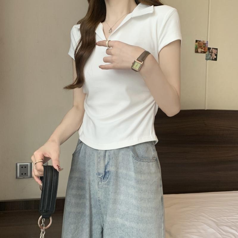 Product Introduction of 106 # Real Shot Real Price 40s Pure Cotton 210g (92% Cotton/8% Spandex) Polo Collar Waist-Cinching Short Sleeve T-Shirt for Women Top Womenswear 11