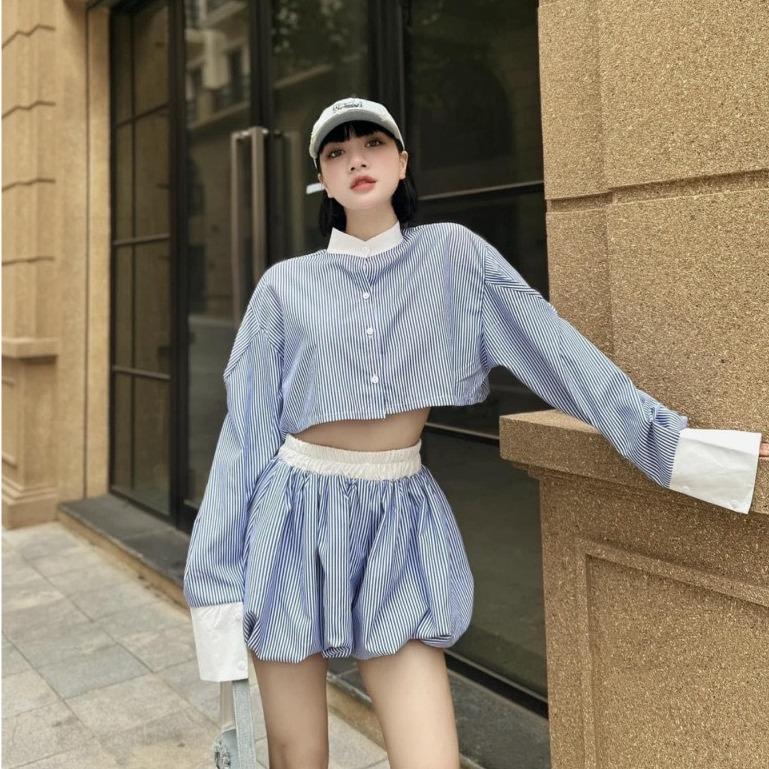 M855 - Set áo sơ mi croptop tay dài phồng đính nơ quần bí dễ thương nữ
