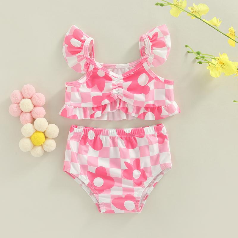 Product Introduction of Toddler Kid Baby Girls Bikini Set, Plaid Flower Print Fly Sleeve Camisole with Briefs Bathing Swimsuit for Summer Beach Playsuit 6 9 12 18 24 Months 2-3 Years Old Kid 38