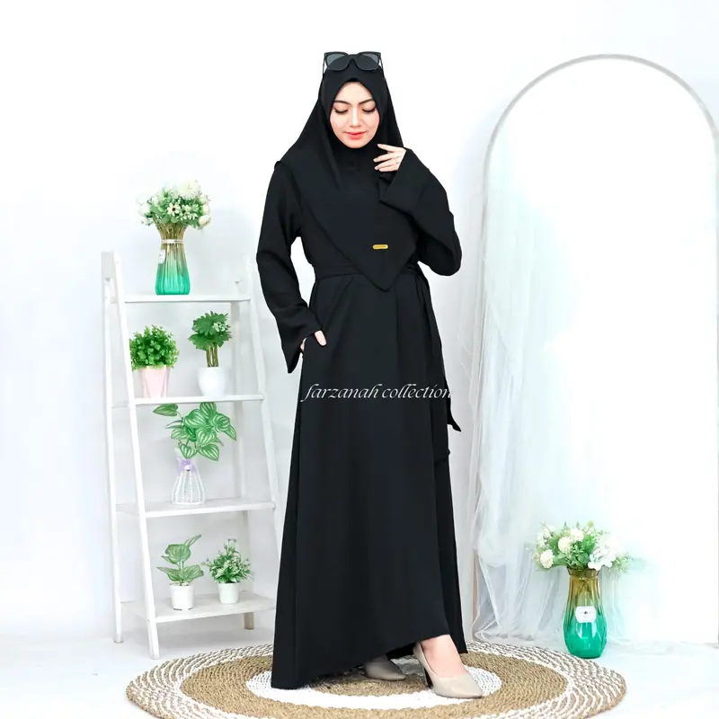 Abaya turkey remaja set hijab bahan crinkle airflow baju gamis abaya lebaran terbaru 2024 3