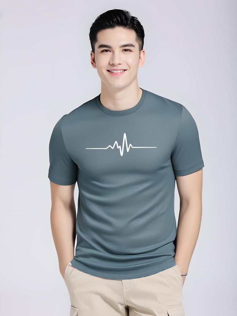 Product Introduction of Men's EKG Print Round Neck Tee, Regular Fit Casual Short Sleeve Crew Neck T-Shirt for Summer, Fashion Men's Top for Daily Wear, Tropical 5
