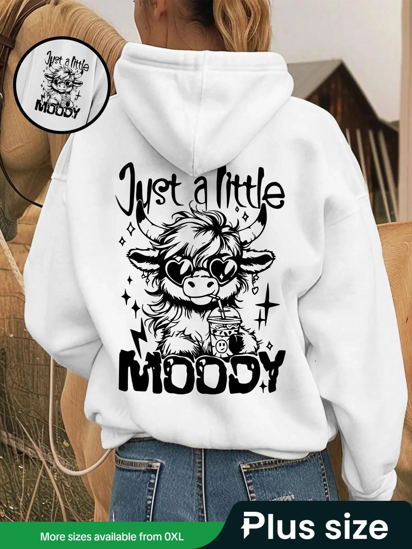 【Plus Size】 Cartoon Highland Cow & Letter Print Hoodie, Fashion Casual Hooded Sweatshirt for Daily Holiday Outdoor Wear, Women Clothing for Fall & Winter, Trending Clothing Women