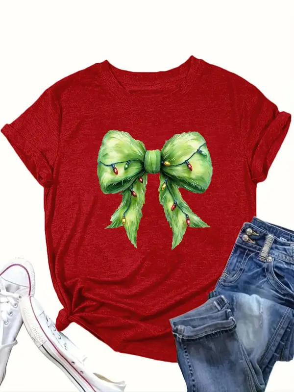 【Plus Size】 Cartoon Bow Print Round Neck Tee, Casual Short Sleeve T-shirt for Summer, Women's Clothing for Daily Wear 1